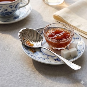 May include: A silver shell-shaped spoon rests on a white saucer with blue floral patterns. Next to the spoon sits a small glass bowl filled with orange marmalade and two white sugar cubes. The saucer features a delicate blue rim design.