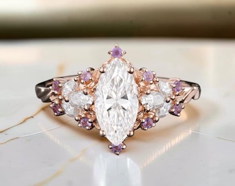 Marquise Moissanite Engagement Ring, Purple Sapphire Cluster, 14K Gold, Vintage Style