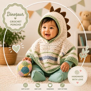 Dinosaur Crochet Poncho Pattern, Baby Toddler Dino Spikes Hooded Cape (PDF)