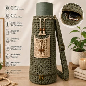Può includere: Una borsa cilindrica all'uncinetto per tappetino da yoga color verde oliva con una spessa trama a punto puff floreale, chiusura a coulisse, ampia tracolla regolabile e una tasca frontale beige. Include uno scomparto inferiore nascosto con zip.