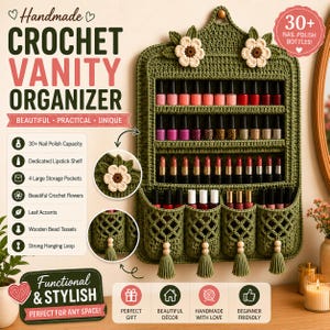 May include: A handmade olive green crochet vanity organiser featuring three shelves for nail polish and lipstick, four storage pockets with wooden bead tassels, and two white crochet flowers with brown centres at the top, including a hanging loop.