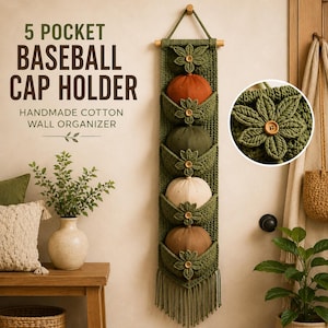Gehäkelte Baseball Cap Halter | Handgefertigter Wandorganizer aus Baumwolle mit 5 Taschen (PDF-Muster)