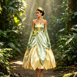 May include: A strapless ball gown featuring a pale green bodice with a yellow centre panel, a full yellow skirt with green petal-like overlays, matching long green gloves, and a gold crown, worn by a person standing in a sunlit forest setting.