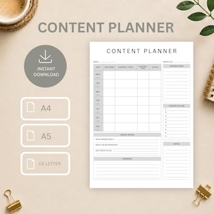 May include: A white content planner sheet with black text and grid lines, featuring sections for date, platform, topic, type, status, content ideas, pillars, weekly review, and notes. Includes A4, A5, and US Letter size icons and download text.