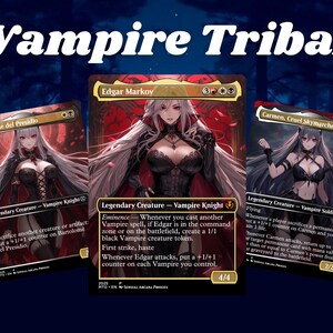 May include: Three trading cards titled Vampire Tribal featuring anime-style illustrations of characters named Bartolome del Presidio, Edgar Markov, and Carmen, Cruel Skymarcher. Each card displays detailed text, red and black color schemes, and fantasy art.