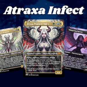 May include: Three Magic: The Gathering trading cards titled Atraxa Infect. The center card is Atraxa, Praetors' Voice, flanked by Ixhel, Scion of Atraxa and Whispering Specter. Each card features detailed fantasy artwork of winged figures.
