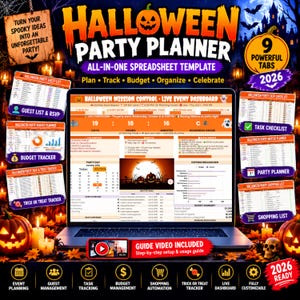 Puede incluir: Una plantilla de hoja de cálculo digital para planificar fiestas de Halloween en la pantalla de un portátil. La interfaz incluye un panel de control en vivo, rastreador de presupuesto, lista de invitados y listas de tareas.