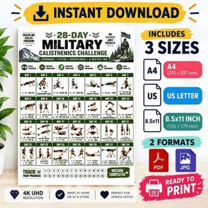 May include: A 28-day military calisthenics challenge workout chart featuring daily exercise illustrations, instructions, and a progress tracker. The document includes A4, US Letter, and 8.5x11 inch formats available as PDF and JPG files.