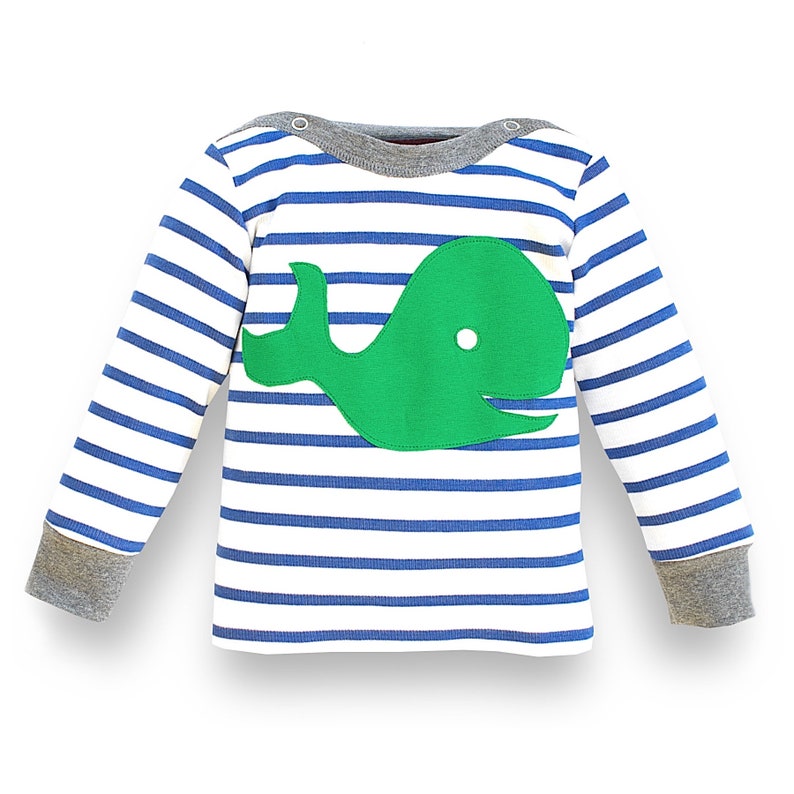 100/% organic cotton baby shirt white blue striped with applique whale long sleeve organic baby clothes Baby shirt organic cotton