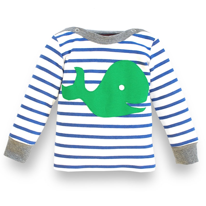 100/% organic cotton baby shirt white blue striped with applique whale long sleeve organic baby clothes Baby shirt organic cotton