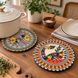 Madhubani Art Trivets Set of 2, 7.5 Inch Round Decorative Trivets