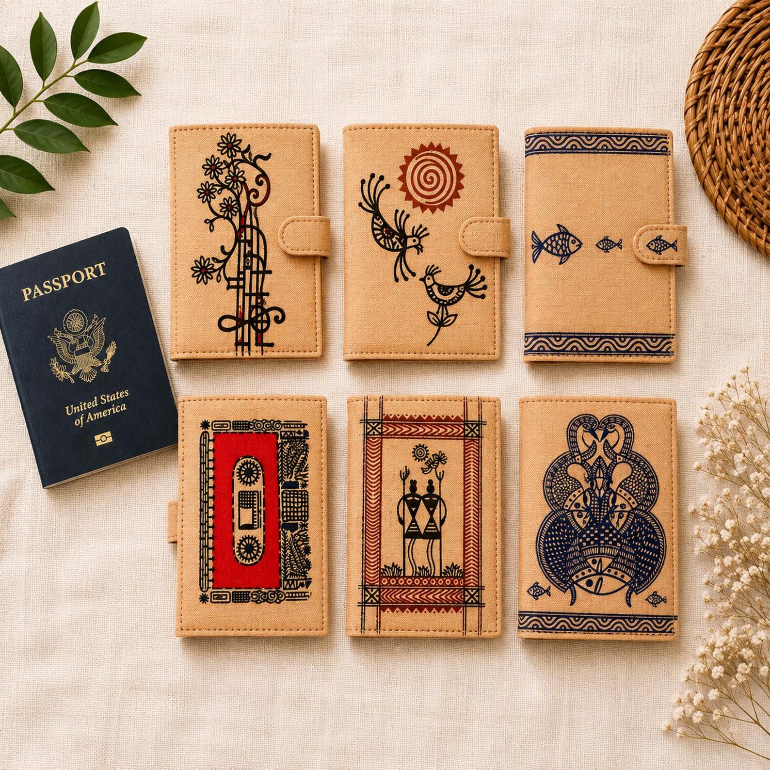 Hand-painted jute passport holder with Madhubani fish art