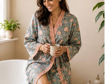 Varnya Sage Bloom Block Print Cotton Waffle Robe | Floral Kimono Lounge Spa