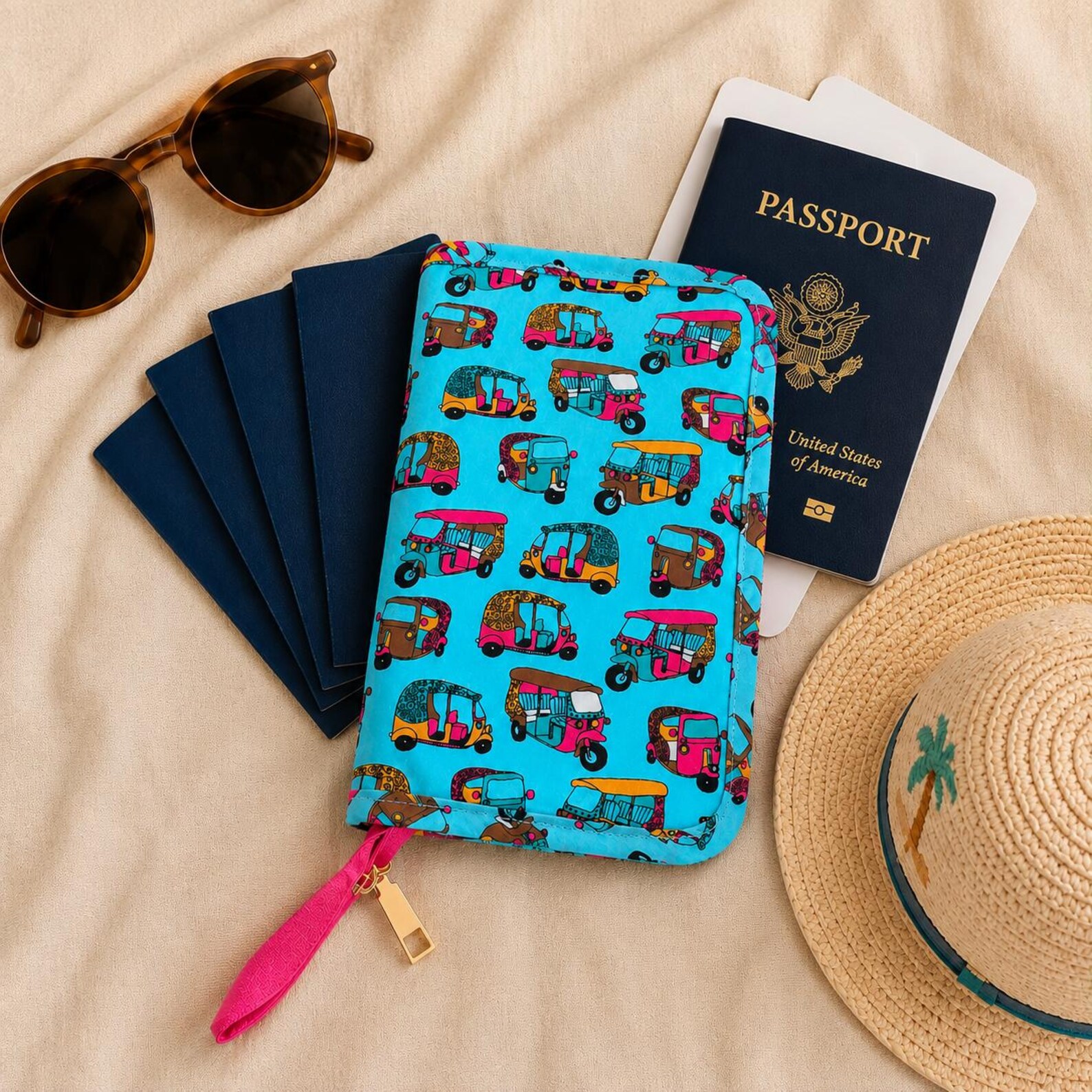 Zippered fabric family travel wallet holding four to five passports