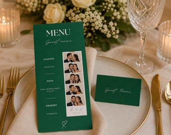 Waldgrün Photobooth Streifen Hochzeit Menüvorlage, klassisches altes Geld einzigartiges Design (digitaler Download)
