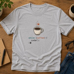 While Coffee Code Shirt | Funny Programmer Tee, Software Developer Gift, Retro Pixel Coding Gift