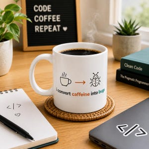 „Ich verwandle Koffein in Bugs“-Tasse | Lustige Kaffeetasse für Programmierer, Geschenk für Softwareentwickler, QA-Geschenk