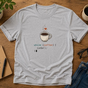 May include: A heather gray short-sleeve t-shirt featuring a pixel art graphic of a coffee mug with a small red heart above it. Below the mug, the text reads: while (coffee) { code(); } with a black cursor block at the end of the code.