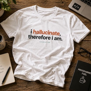 Może przedstawiać: Biały t-shirt z krótkim rękawem z nadrukiem "i hallucinate, therefore i am." w kolorze czarnym i pomarańczowym oraz mniejszym napisem "confidence: high" wydrukowanym poniżej w kolorze czarnym.