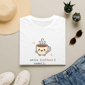 Cute Programmer Shirt, While Coffee Code Kawaii Coding Tee, Funny Developer Gift, Computer Science Gift, Coffee Coder Shirt