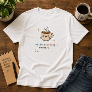 Könnte beinhalten: Ein weißes Kurzarm-T-Shirt mit einer Grafik einer lächelnden Kaffeetasse mit Dampf und dem Text while (coffee) { code(); } gefolgt von einem Cursor-Unterstrich. Das Design enthält zwei kleine vierzackige Sterne in einer goldgelben Farbe.