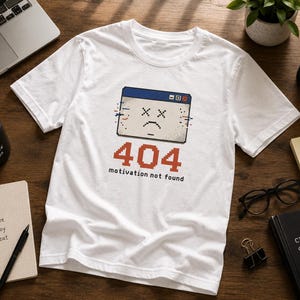 Puede incluir: Una camiseta blanca de manga corta con un gráfico pixelado de una ventana de error de computadora con una cara triste, el texto rojo 404 y el texto negro motivation not found impresos en la parte frontal de la prenda.