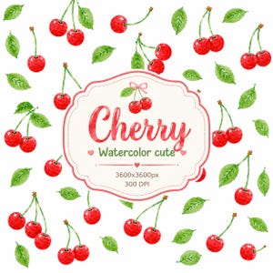 Könnte beinhalten: Ein Muster aus Aquarellkirschen und grünen Blättern auf weißem Hintergrund mit einem zentralen gewellten Etikett, das den Text Cherry Watercolor cute 3600x3600px 300 DPI und eine kleine rosa Schleifengrafik über dem Wort Cherry enthält.
