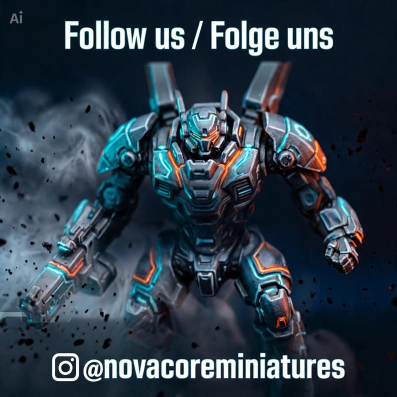 May include: A grey robotic action figure with glowing orange and blue accents, featuring a weapon on its right arm. The text Follow us / Folge uns and @novacoreminiatures is visible. The figure is surrounded by smoke and dark debris.