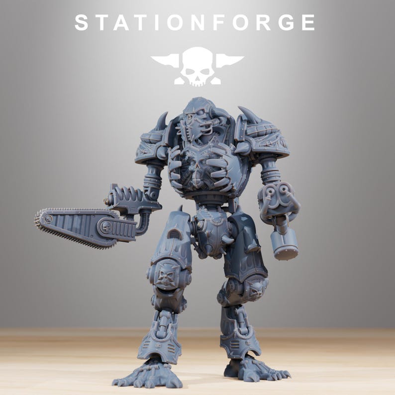 May include: A gray resin miniature robot figure from StationForge featuring a skull-themed chest plate, shoulder armor, and leg plating. The figure holds a large mechanical chainsaw in its right hand and a multi-barreled weapon in its left hand.