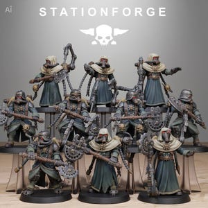 Peut inclure: Un ensemble de dix figurines de soldats miniatures vêtus de manteaux bleu foncé et de capuches crème, portant des masques à gaz aux lentilles rouges lumineuses. Chaque figurine présente une armure métallique, des emblèmes de crâne.