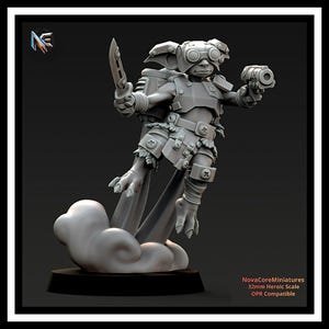 Könnte beinhalten: Eine graue Harzminiaturfigur eines koboldartigen Wesens mit Schutzbrille, Brustpanzer und Jetpack. Die Figur hält ein Messer und einen Blaster und schwebt über einem wolkenförmigen Sockel. Text: NovaCoreMiniatures 32mm Heroic Scale.