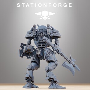 May include: A grey resin miniature of a mechanical bipedal robot with a skull-adorned torso, shoulder armor, and a large polearm axe in one hand. The text STATIONFORGE appears at the top with a skull icon above the figure's rounded head.