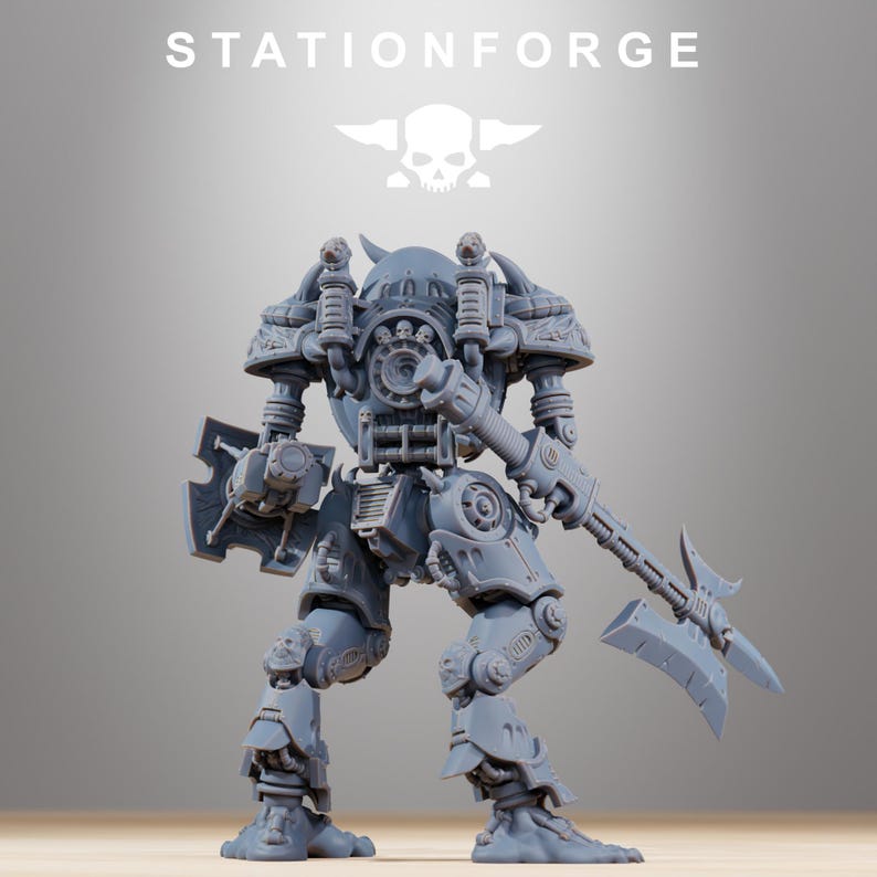 May include: A grey resin miniature of a mechanical bipedal robot with a skull-adorned torso, shoulder armor, and a large polearm axe in one hand. The text STATIONFORGE appears at the top with a skull icon above the figure's rounded head.