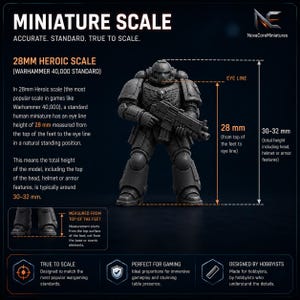 May include: A gray miniature soldier figure in armor holding a rifle, displayed on an infographic titled MINIATURE SCALE. The graphic details a 28mm heroic scale, showing an eye line height of 28 mm and a total height of 30-32 mm for the model.