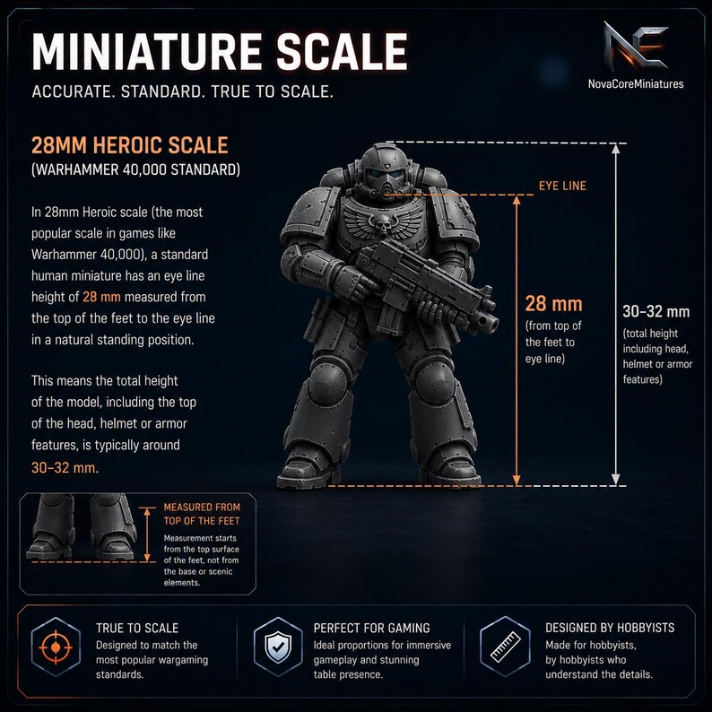 May include: A gray miniature soldier figure in armor holding a rifle, displayed on an infographic titled MINIATURE SCALE. The graphic details a 28mm heroic scale, showing an eye line height of 28 mm and a total height of 30-32 mm for the model.