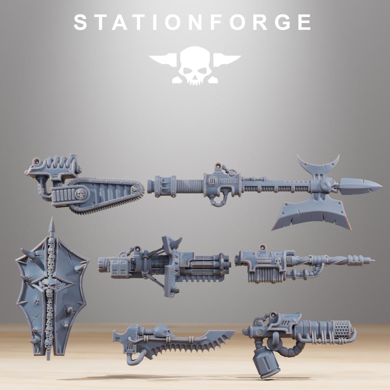 May include: A collection of grey resin miniature wargaming weapon components including a chainsword, a polearm with a large blade, a shield decorated with skulls, a multi-barreled cannon, a long rifle, and a flamethrower, all labeled STATIONFORGE.