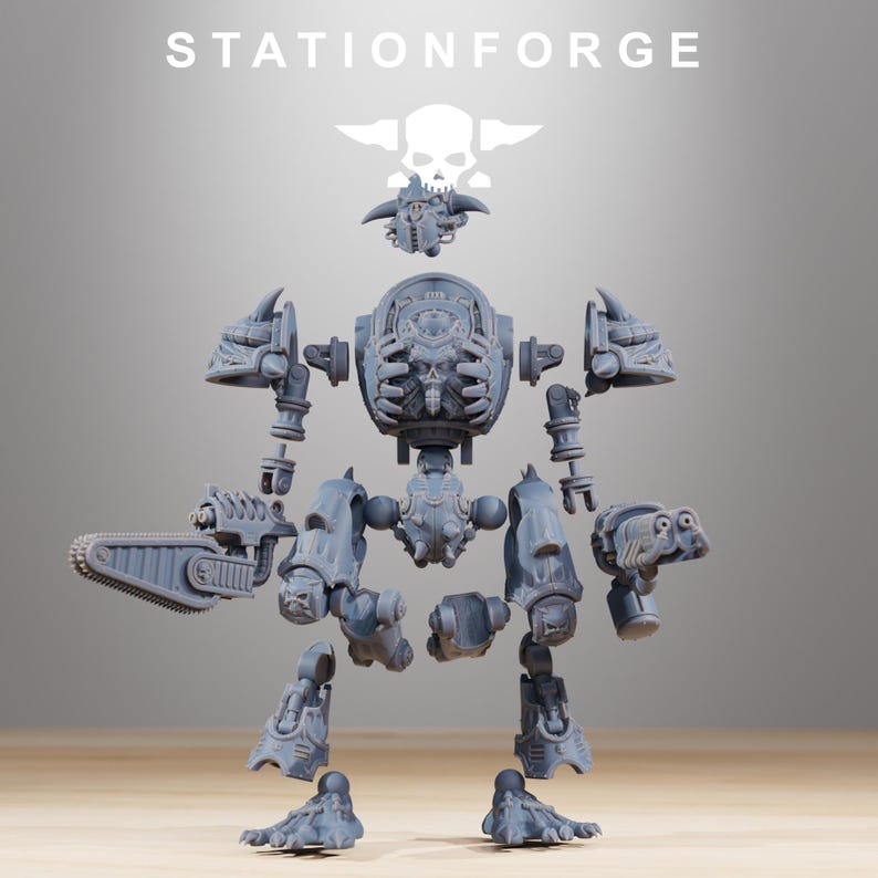 May include: A grey resin model kit of a mechanical warrior featuring a skull motif on the chest, a chainsaw weapon on the right arm, a double-barreled gun on the left arm, and a separate helmet piece. The text STATIONFORGE is visible above.