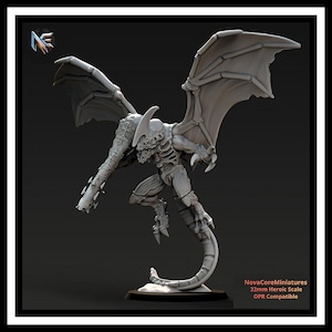 May include: A grey, unpainted resin miniature of a winged alien creature with a large, elongated arm cannon, a segmented tail, and a horned head. The figure stands on a circular base and features the text NovaCoreMiniatures 32mm Heroic Scale OPR Compatible.