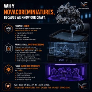May include: An infographic titled WHY NOVACOREMINIATURES, BECAUSE WE KNOW OUR CRAFT. It displays a grey robot miniature, a bottle pouring grey resin into a tray, a washing machine with miniatures inside, and miniatures under purple UV light.