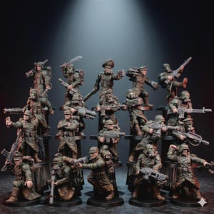 Può includere: Una collezione di statuette di soldati in miniatura dipinte con uniformi militari verde oliva e marrone. Ogni figura è dotata di varie armi, tra cui fucili, mitragliatrici pesanti e spade, e indossa elmetti o maschere antigas.