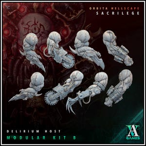 Könnte beinhalten: Ein Set aus sieben grauen, unbemalten Miniatur-Armkomponenten für einen Modellbausatz mit der Aufschrift Orbita Hellscape Sacrilege Delirium Host Modular Kit B. Die Teile zeigen organische, muskulöse Texturen kombiniert mit mechanischen Elementen.