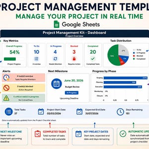 Peut inclure: Un modèle de gestion de projet numérique pour Google Sheets présentant un tableau de bord avec des indicateurs clés, des graphiques de répartition des tâches, des barres de progression et des sections d'alertes pour le suivi.