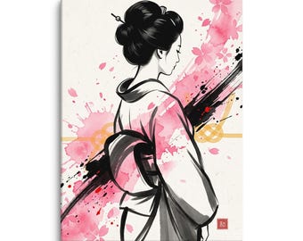 Japanese Canvas Wall Art Large Sakura Kimono Painting Pink Cherry Blossom Watercolor Print, Modern Asian Fine Art, Made in Japan Artist