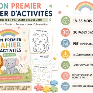May include: A spiral-bound activity book titled Mon Premier Cahier d'Activités featuring illustrations of a lion, elephant, and rabbit. The set includes printable PDF pages with coloring, tracing, and shape-matching tasks for children aged 18-36 months.