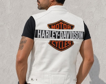 Męska biała skórzana kamizelka motocyklowa Harley-Davidson z haftowanym logo na plecach