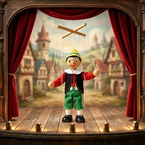 May include: A wooden marionette puppet featuring a yellow hat, red long-sleeved shirt, black vest, and green shorts. The puppet is suspended by strings from a wooden crossbar control, standing on a stage with red curtains and a painted village backdrop.