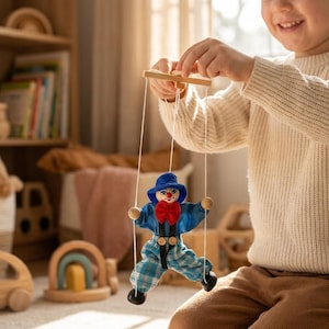 Könnte beinhalten: Eine Clown-Marionette mit blauem Hut, roter Fliege, blauem Langarmshirt und blau-weiß karierter Hose. Die Marionette ist an weißen Schnüren befestigt, die an einer hölzernen Steuerstange hängen, die oben an der Konstruktion gehalten wird.