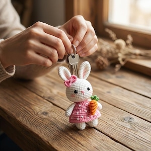 May include: A white crocheted rabbit keychain featuring a pink dress with white polka dots, a small pink bow on its head, and a tiny orange carrot held in its hand. The rabbit has black eyes, pink inner ears, and rosy cheeks, attached to a metal ring.