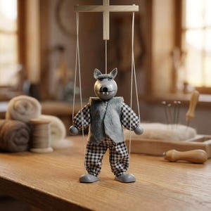 Może przedstawiać: Marionetka wilka z szarą drewnianą głową, spiczastymi uszami i widocznymi białymi zębami. Lalka ma na sobie szarą kamizelkę ze sztucznego futra na czarno-białej koszuli w kratę i pasujących spodniach, zawieszona na białych sznurkach na drewnianym krzyżaku.