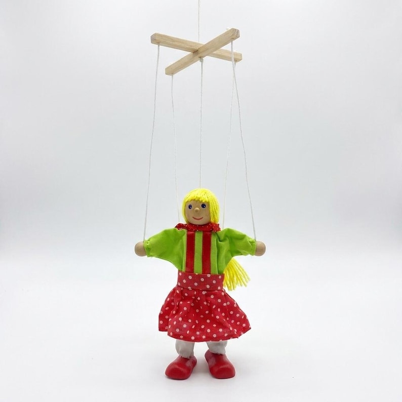 Red Dress Girl Marionette Doll, Vintage Pull String Wooden Toy ...